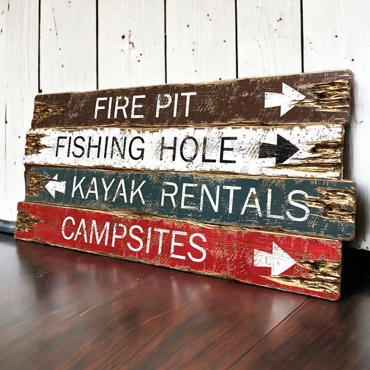 Rustic camping kayaking signs