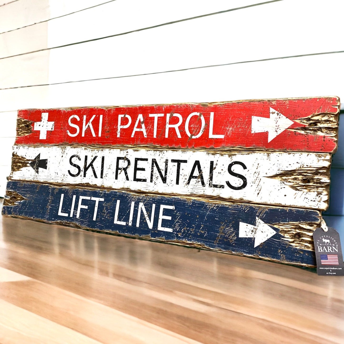  Rustic wooden ski lodge sign with directional arrows for, ski rentals, ski patrol, lift line , handmade ski cabin décor