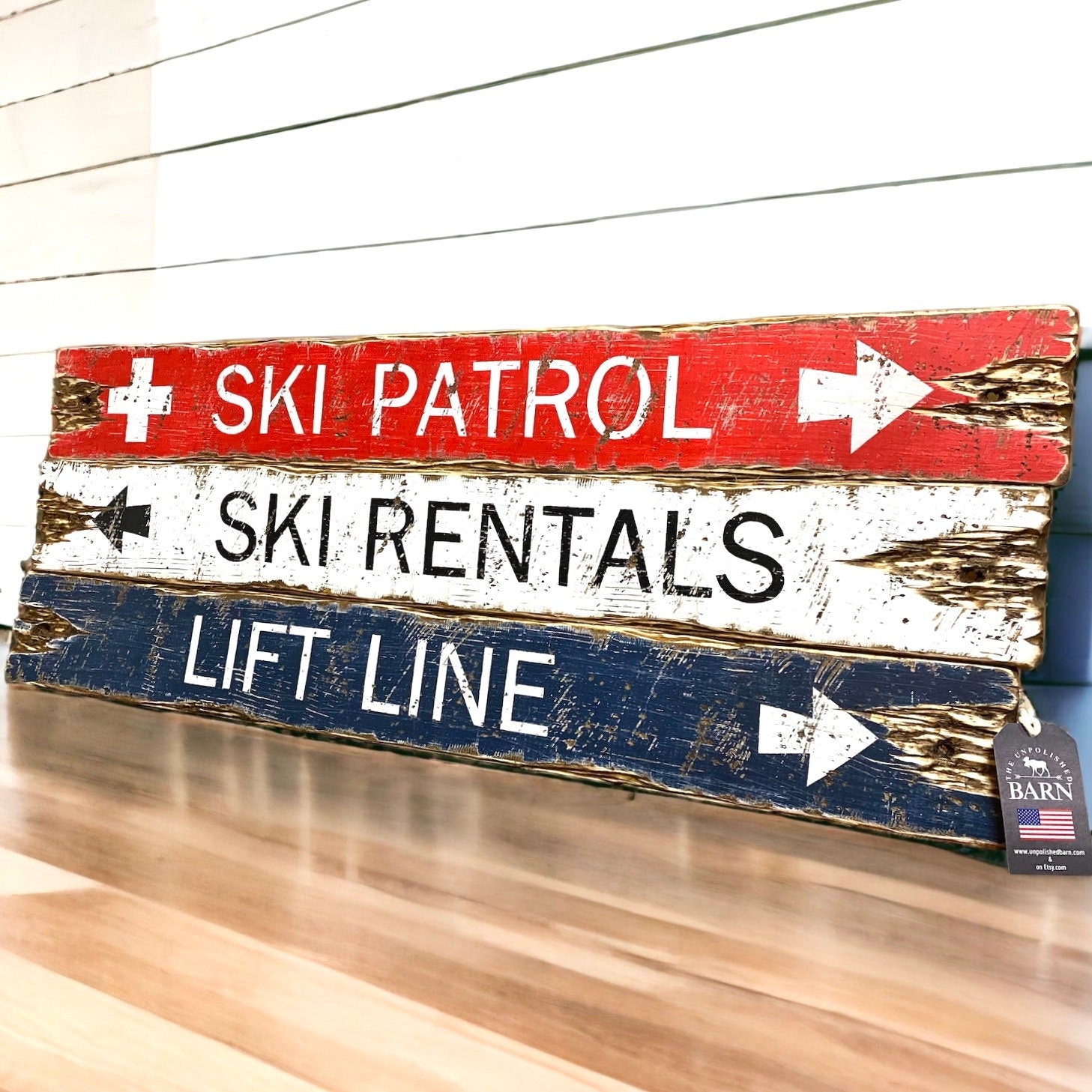  Rustic wooden ski lodge sign with directional arrows for, ski rentals, ski patrol, lift line , handmade ski cabin décor