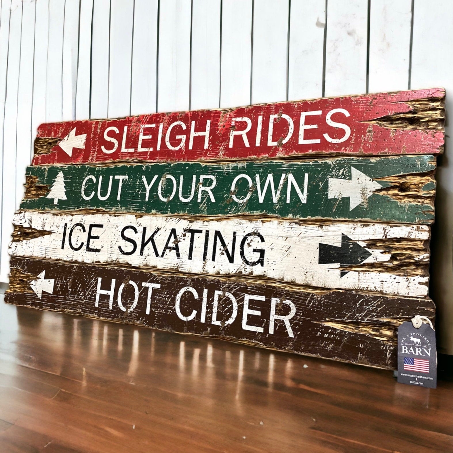 Vintage sleigh rides ice skating hot cider sign, rustic wood winter decor handmade in Maine, distressed holiday farmhouse wall art for Christmas and cabin style homes