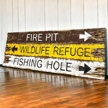 Hand-painted rustic camp direction signs for cabin, lodge, or lakehouse décor, featuring Fire Pit, Wildlife Refuge, and Fishing Hole, handmade in Maine