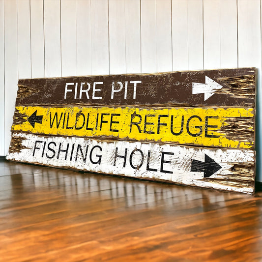Hand-painted rustic camp direction signs for cabin, lodge, or lakehouse décor, featuring Fire Pit, Wildlife Refuge, and Fishing Hole, handmade in Maine