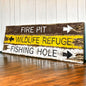 Hand-painted rustic camp direction signs for cabin, lodge, or lakehouse décor, featuring Fire Pit, Wildlife Refuge, and Fishing Hole, handmade in Maine