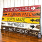 Rustic farmhouse fall sign handmade in Maine with distressed wood planks reading “Apple Orchard,” “Pumpkin Patch,” “Corn Maze,” “Hayrides,” and “Hot Cider,” perfect for New England cabin or lodge autumn décor.