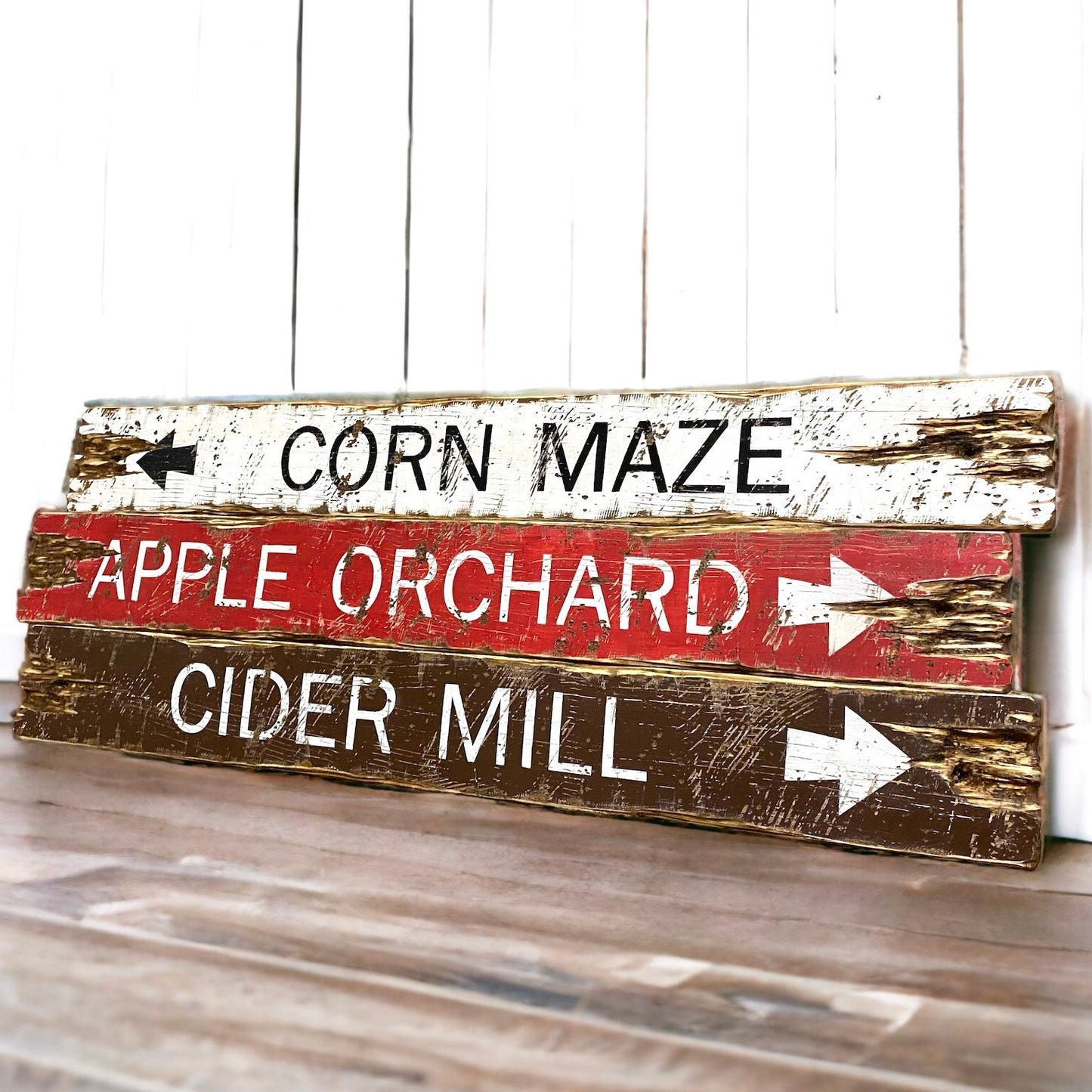 Rustic fall wooden sign set reading Corn Maze, Apple Orchard, and Cider Mill, hand-painted farmhouse autumn décor handmade in Maine, perfect for cozy cabin, lodge, or harvest kitchen wall décor