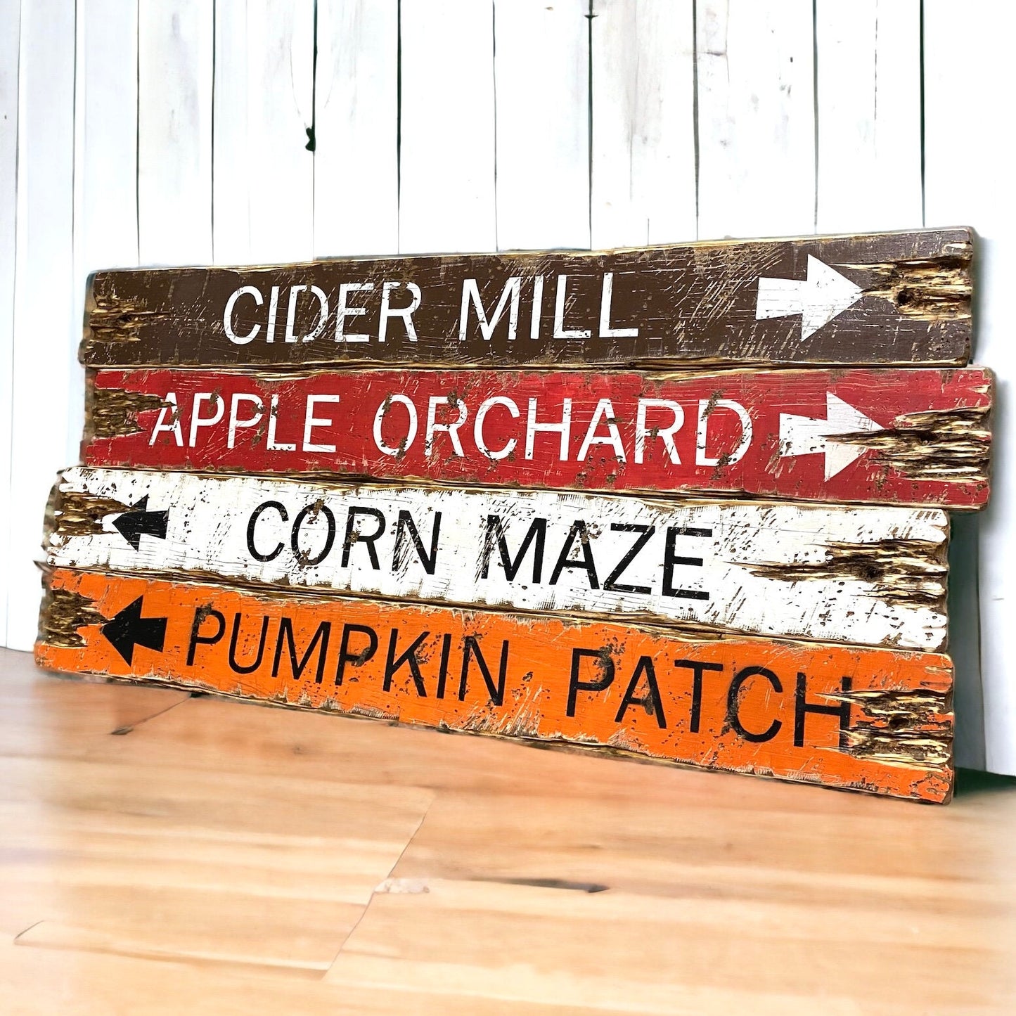 Rustic fall directional sign featuring “Cider Mill, Apple Orchard, Corn Maze, and Pumpkin Patch” — distressed wood wall art in warm harvest tones, perfect for farmhouse, cabin, or lodge décor, handmade in Maine