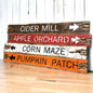 Rustic fall directional sign featuring “Cider Mill, Apple Orchard, Corn Maze, and Pumpkin Patch” — distressed wood wall art in warm harvest tones, perfect for farmhouse, cabin, or lodge décor, handmade in Maine