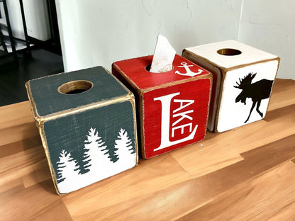 Lake House Wood Tissue Box Cover