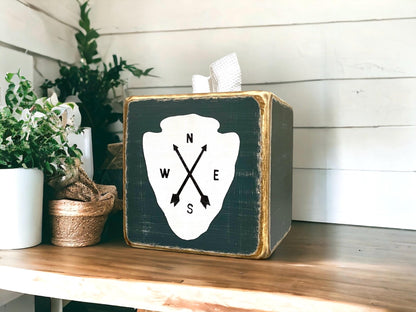 Rustic Arrowhead Compass Wood Tissue Box Cover, National Park Log Cabin Decor