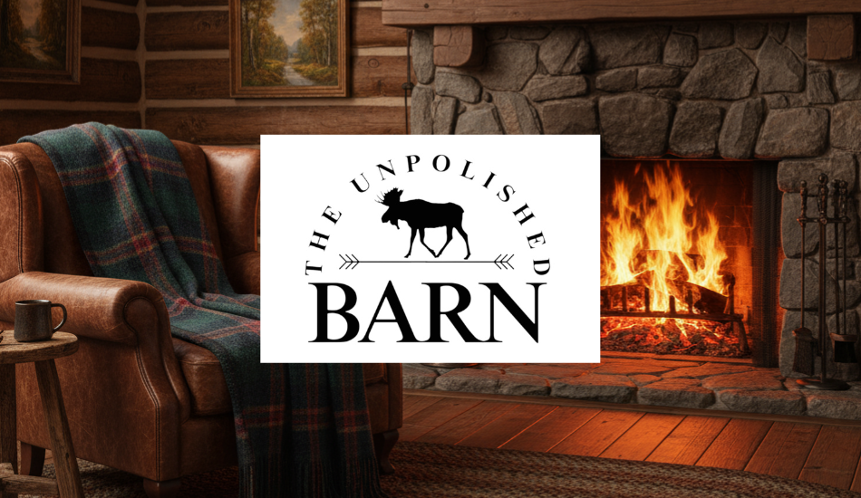 Cozy living room with fireplace, leather chair, and 'The Unpolished Barn'  Gift Card.